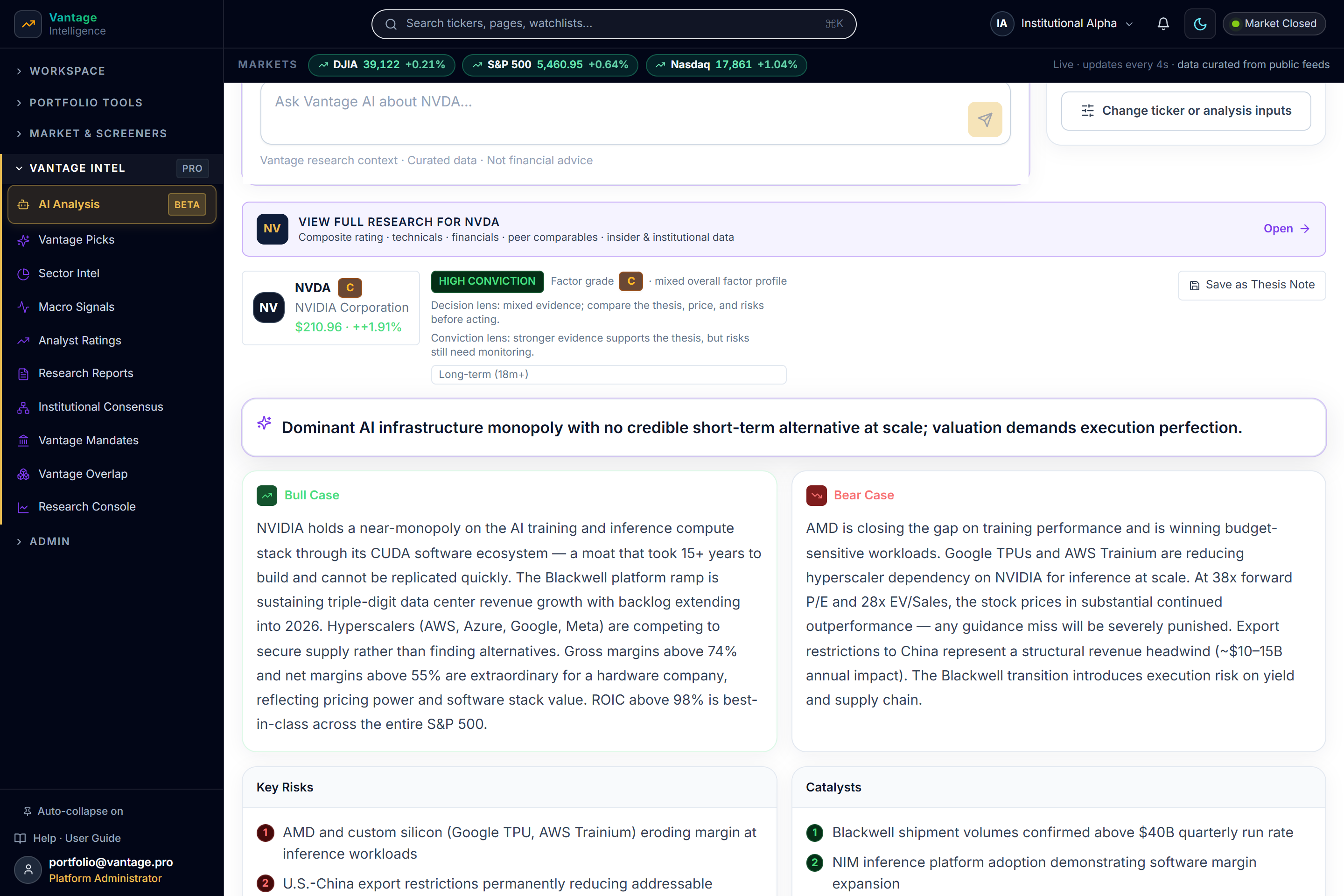 Vantage AI Analysis workspace showing structured bull and bear cases, key risks, catalysts, and conviction scoring for NVDA.