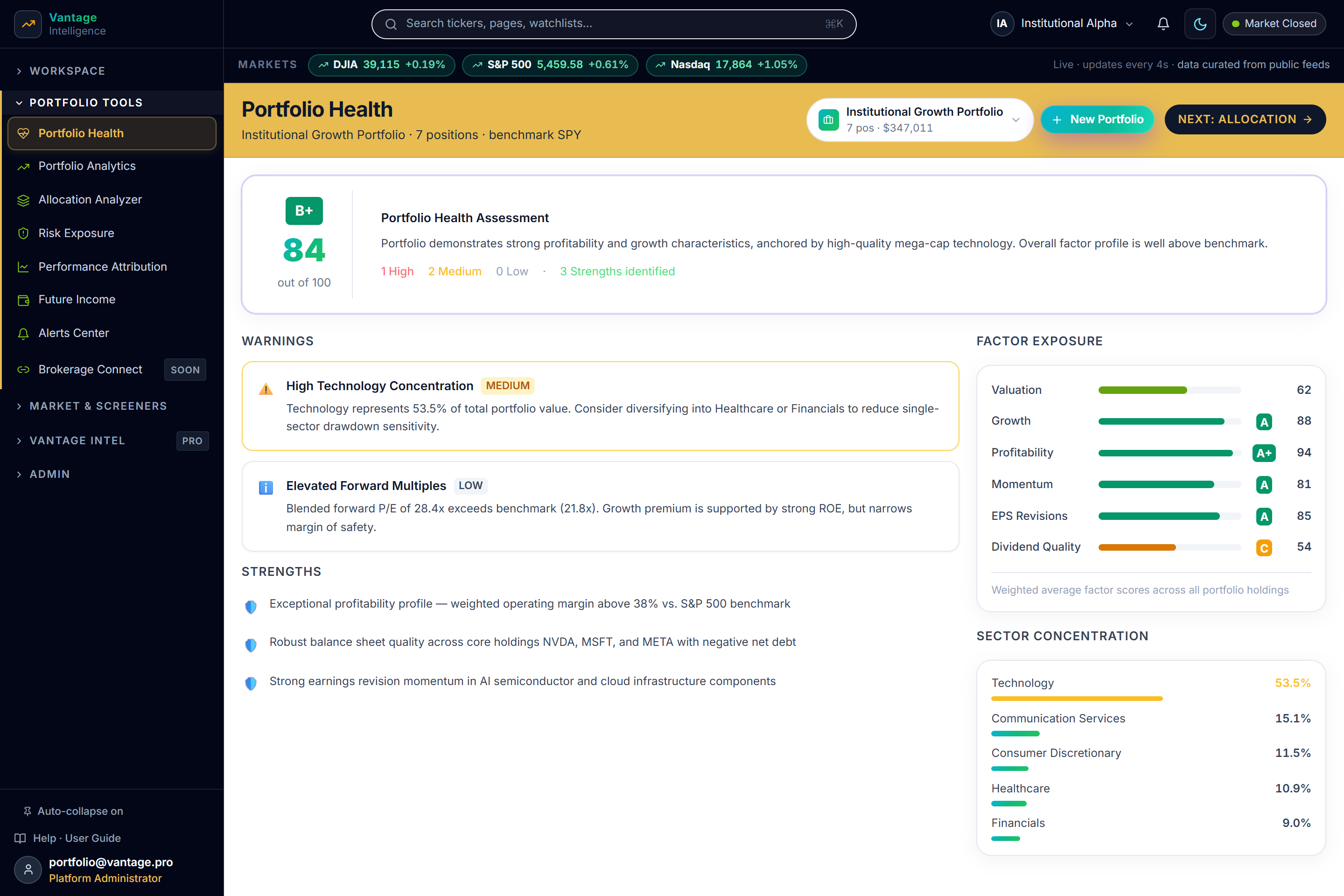 Vantage Portfolio Health workspace showing composite health grade 84 B+, factor exposure radar, concentration warnings, and sector weights.