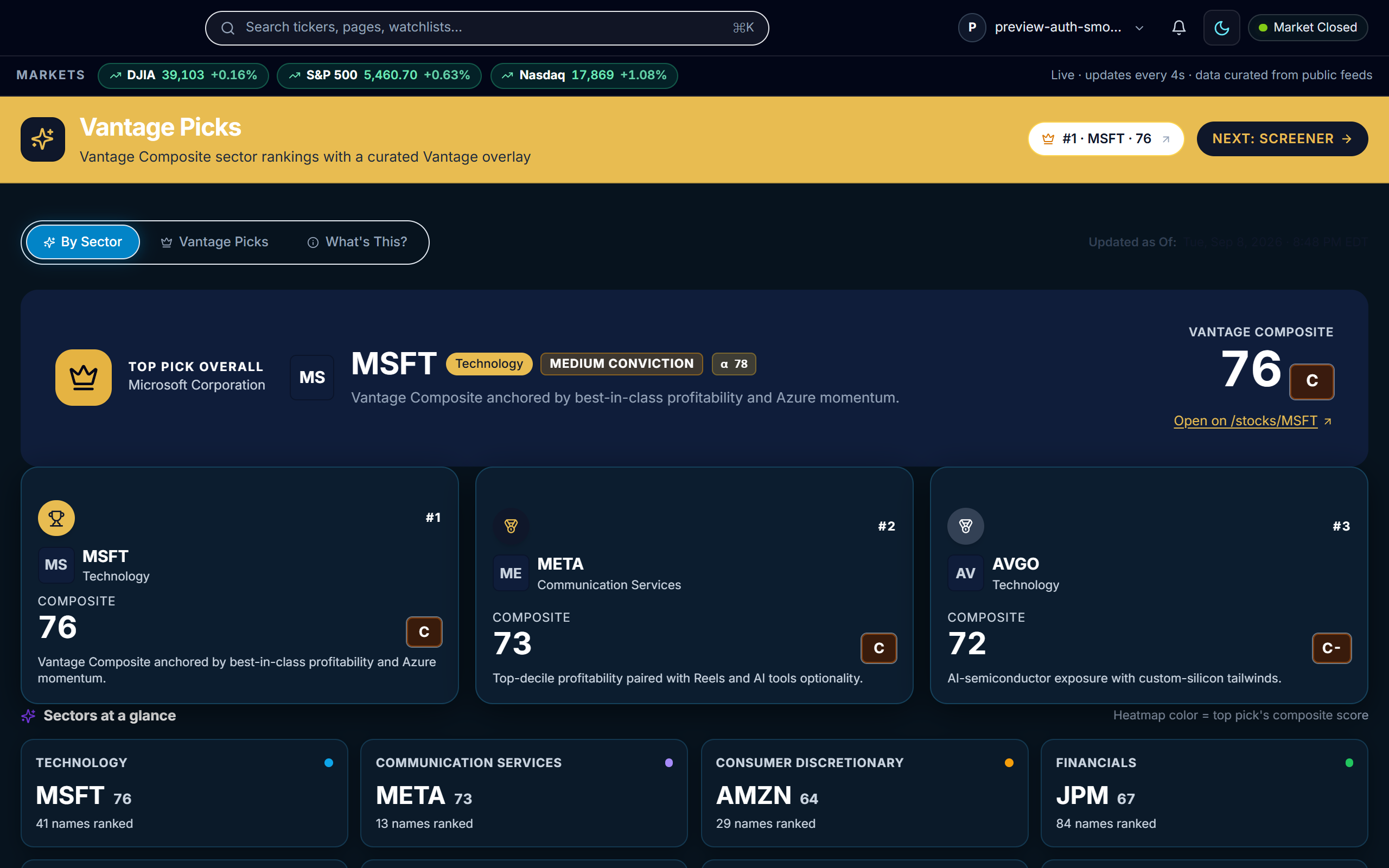 Vantage Picks Live UI showing Podium Cards and Sector Heatmaps